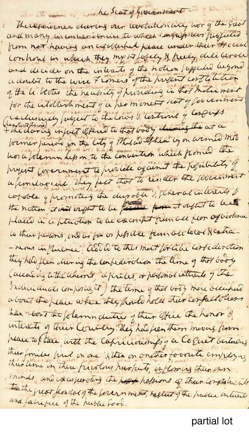 [DISTRICT OF COLUMBIA]. LEE, Richard Bland (1761-1827), Congressman (Virginia). Autograph memorandum, titled "The Seat of Government: Memorandum or Statement of the Compromise or Arrangement originally made in Congress between the friends of the establishment of the permanent seat of Government in District of Columbia & the funding system," n.d. 4½ pages, folio.