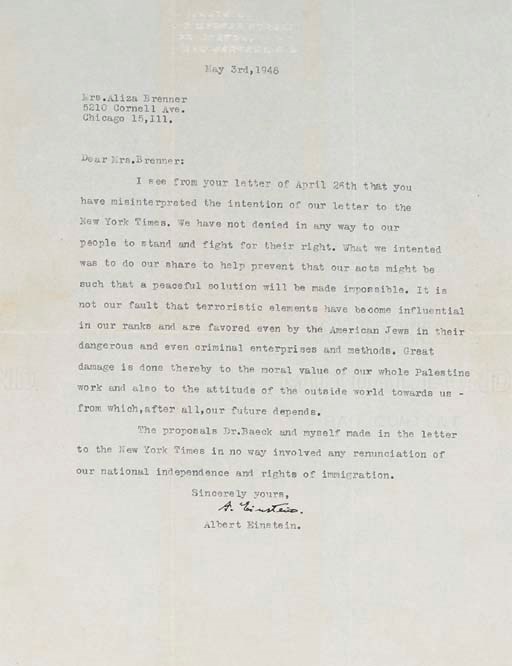 EINSTEIN, Albert. Typed letter signed ("A. Einstein") to Aliza Brenner, 3 May 1948. 1 page, 4to, personal letterhead. [With:] A carbon TLS of Brenner's letter to Einstein, and a copy of the New York Times article.