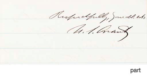 GRANT, Ulysses (1822-1885), President. Autograph letter signed ("U.S. Grant"), as President, to Secretary of the Treasury George S. Boutwell, Long Branch, N.J., 24 July 1871. 2 pages, 8vo, ruled paper.