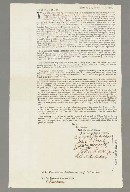 HANCOCK, John (1737-1793), Signer (Massachusetts), President of Congress, 1775-1777. Printed broadside signed ("John Hancock"), countersigned by selectmen Joseph Jackson, John Ruddock, John Rowe and Samuel Pemberton; Boston, 14 September 1768. 1p, folio, edges untrimmed, neat mends to a few tiny holes at fold intersections, . Bristol B2851; Ford 1430; not in Lowance & Bumgardner.