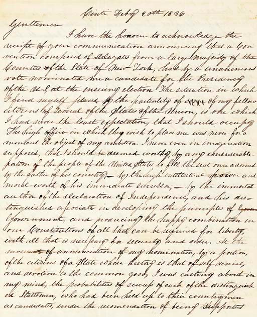 HARRISON, William Henry (1773-1841), President. Letter signed ("W. H. Harrison"), to John Taylor, Cornelius Hansen, Millard Fillmore, and John Jay, Cincinnati, 20 February 1836. 3 pages, 4to.