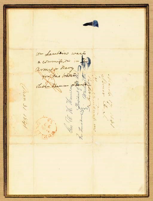 HARRISON, William Henry, President. Autograph endorsement as President, n.p. [Washington, D.C.], ca. 31 March 1841, comprising five lines on the cover sheet of a letter to Harrison from William M.K. Lambdin, Wheeling, Virginia, 17 March 1841. 2 pages, 4to. [With:] Address leaf (neatly separated from letter) addressed to "Gen. W.H. Harrison  President of the U.S.," marked in red ink "free," red circular "Wheeling Va." datestamp, small seal hole, neatly double-matted and enclosed in a fine giltwood frame.