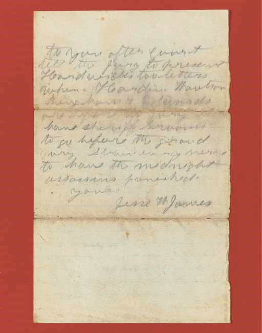 JAMES, Jesse Woodson (1847-1882), outlaw gunman. Autograph letter signed ("Jesse W. James") to his step-father, Dr. Reuben Samuel, Lafayette County, Missouri, 23 March 1875. 6 pages, 8vo, in pencil, slight soiling and minor smudging at folds, but in excellent condition.