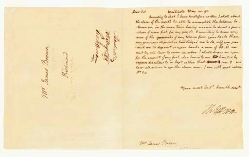 JEFFERSON, Thomas. Autograph letter signed ("Th:Jefferson") as Secretary of State, to James Brown in Richmond; Monticello, 20 May 1795. 1 page, 4to, integral address leaf with panel in Jefferson's hand, docketed, small seal hole, even browning.