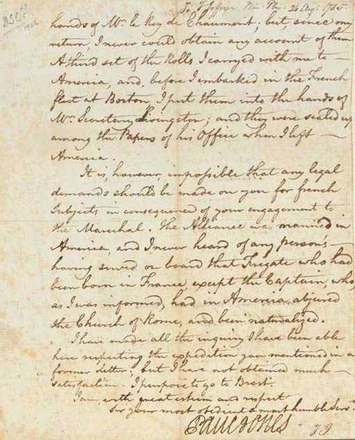 JONES, John Paul (1747-1792), American naval officer. Autograph letter signed ("Paul Jones") to "His Excellency Thomas Jefferson Esqr. Minister Plenipotentiary of the United States at the Court of France," L'Orient [France], 24 August 1785. 2 full pages, 4to, minor spotting, otherwise in fine condition. DOCKETED BY JEFFERSON at top of first page "To T. Jefferson Min. Plen: 24 Aug. 1785," and with his initials ("T.J.") at end of text.