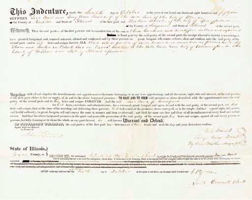 LINCOLN, Abraham. Partly printed document accomplished, endorsed and signed on verso ("Abraham Lincoln"), with a second signature ("Abraham Lincoln") in text on recto, also signed by JOHN T. STUART (1807-1885, Lincoln's first law partner and political mentor) as witness, and by DAVID DAVIS (1815-1886, later Lincoln's campaign manager and executor), as attorney for Levi and Lucy Ann Davis, Logan County, Illinois, 6 October 1851.