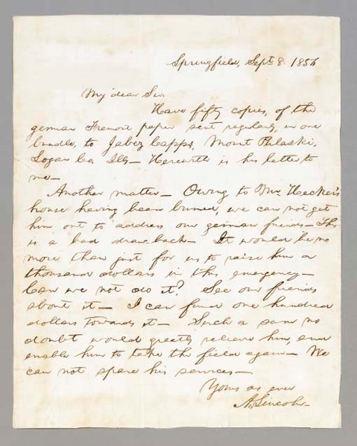 LINCOLN, Abraham. Autograph letter signed ("A. Lincoln") to Charles H. Ray, editor of  The Chicago Tribune,  Springfield, 8 September 1856. 1 full page, 4to, very light browning at edges and folds..