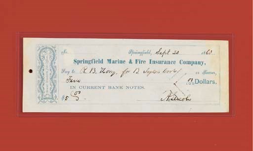 LINCOLN, Abraham. Printed check accomplished and signed ("A. Lincoln"), Springfield, [Illinois], 20 September 1860.