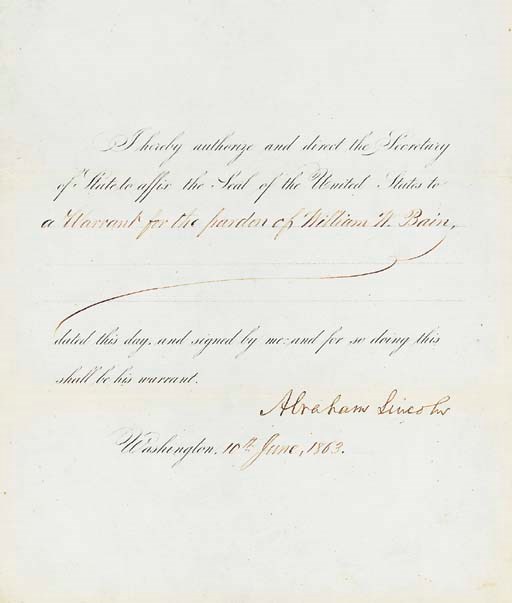 LINCOLN, Abraham. Partly printed document signed ("Abraham Lincoln"), Washington, 10 June 1863. 1 page, 4to, blue paper.
