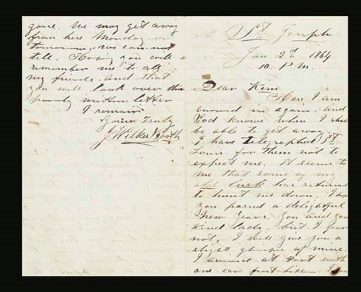 BOOTH, John Wilkes. Autograph letter signed ("J. Wilkes Booth") to "Dear Kim" (Moses Kimball, a friend and theatrical producer), St. Joseph, [Missouri], 2 January 1864. 4 pages,  8vo, on lined paper with small embossed "Omaha Mills" stationer's stamp. In superb condition.