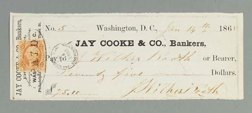 BOOTH, John Wilkes. Partly printed document (a check), accomplished and signed twice ("J. Wilkes Booth"), Washington, D.C., 14 January 1865.