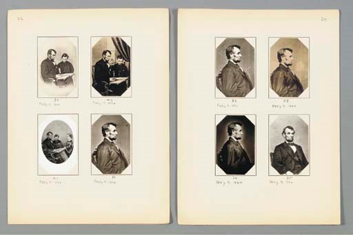 [LINCOLN, Abraham]. MESERVE, Frederick Hill (1865-1962). The Photographs of Abraham Lincoln in Chronological Order. The Meserve Collection. N.p. [New York: privately issued, 1911]. Small folio, title with portrait of Meserve and presentation inscription by Meserve to "my good friend Colonel Carter Duncan," 33 loose sheets of heavy paper (rectos blank), each with slits for mounting of original rectangular images (four to the page), each carefully dated beneath in pencil by Meserve. [With:] Carbon typescript, a descriptive list for nos. 1-124, 19pp., inscribed on title -- MESERVE. Photographs...Supplement 3, New York, 1950, 7pp., plus sheet with 8 mounted images -- MESERVE. Photographs...Supplement 4, New York, 1955, 7pp., plus sheet with 8 mounted images, Meserve ALS laid in. Together in a custom-fitted clamshell case of blue buckram, upper cover gilt-lettered "Special copy prepared by the Author."