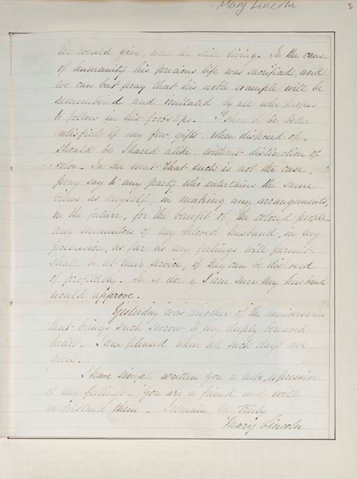 LINCOLN, Mary Todd (1818-1882). Autograph letter signed ("Mary Lincoln") to Mr. [Alexander] Williamson, White House tutor for her sons Willie and Tad, Chicago, 5 July 1866. 2 full pages, large 4to, on pages 1 and 3 of a four-page sheet, ink pale, small stationer's label .