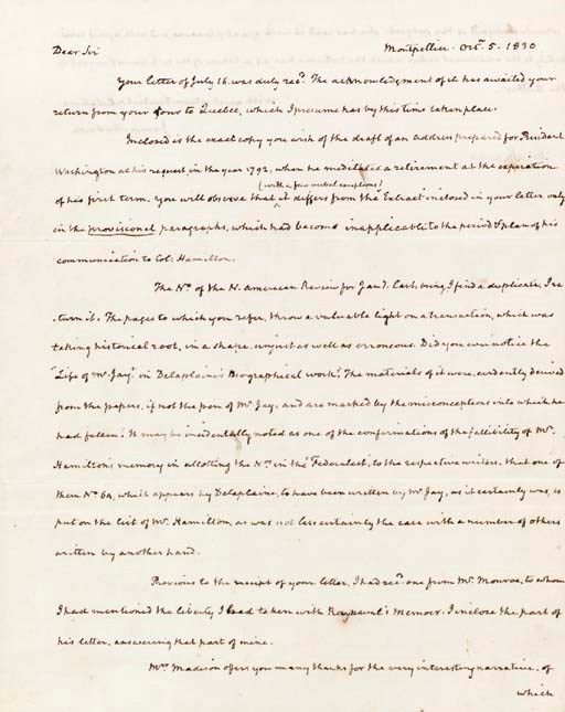 MADISON, James. Autograph letter signed ("James Madison") to Jared Sparks, Montpellier, 5 October 1830. 1 1/8 pages, 4to, docketed by Sparks. Very fine condition.