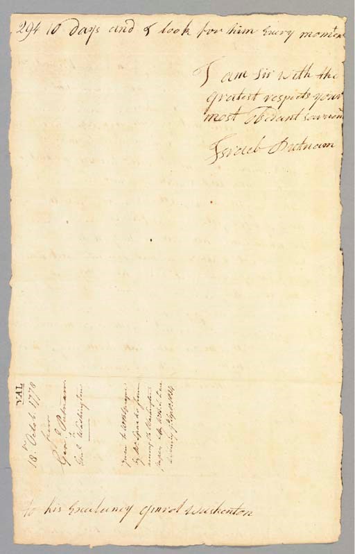 [REVOLUTIONARY WAR]. PUTNAM, Israel (1718-1790), Major General, Continental Army. Autograph letter signed ("Israel Putnam") TO GENERAL GEORGE WASHINGTON, Mounsdonck's House, 18 October 1778.