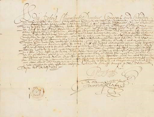 STUYVESANT, Peter (1602?-1682), Dutch Governor of New Netherlands. Manuscript document signed ("P Stuyvesant" with calligraphic flourish), Fort Orange, New Amsterdam [New York], 25 October 1653. 1 page, an oblong (12½ x 15 7/8 in.) large papered wax seal with cut-paper overlay at lower left (a crest with a large beaver, suorrounded by legend "Sigillum Novi Belgii"), text in an ornate Dutch court hand (signed at bottom by scribe Jacob Kip), in Dutch, slight fold separation along central vertical fold, without significant loss. With full Dutch transcript and English translation.