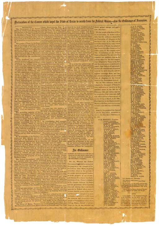 [TEXAS -- SECESSION, 1861]. Declaration of the Causes which impel the State of Texas to secede from the Federal Union--also the Ordinance of Secession. [San Antonio:] Herald Office, [1861].