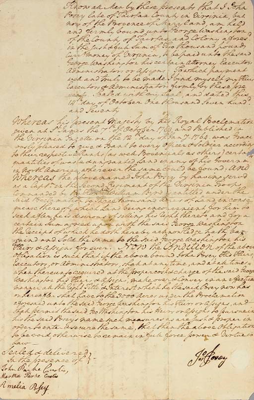 WASHINGTON, George (1732-1799). President. Autograph document (unsigned , but with Washington's name written in full five times in the body of the document), a certified copy of an indenture signed by John Posey, countersigned by witnesses John Parke Custis, Martha Parke Custis and Amelia Posey, n.p., 14 October 1770. 1 page, large folio (14½ x 9 3/8 in.), verso with SIX-LINE ENDORSEMENT BY WASHINGTON, slight fold separations neatly mended.
