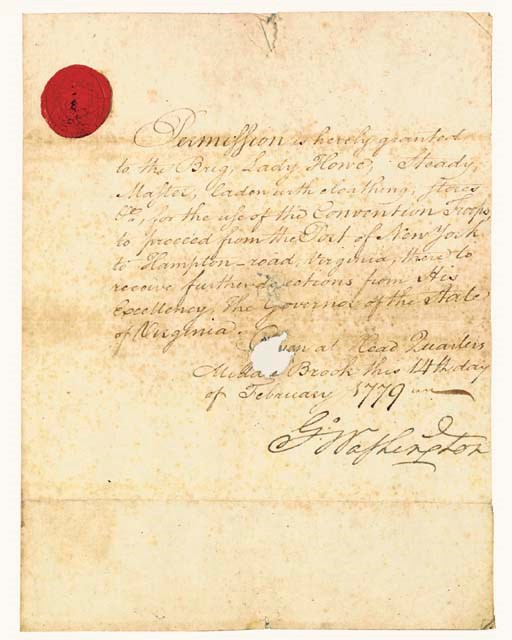 WASHINGTON, George. Document signed ("Go: Washington") as Commander-in-Chief, Continental Army, Head Quarters, Middle Brook [New Jersey], 14 February 1779. 1 page, 4to, minor spotting, a small hole in central portion (repairable) affecting three letters text, otherwise in good condition, WITH WASHINGTON'S SIGNET IN RED WAX, a fine, complete impression showing his coat-of-arms.