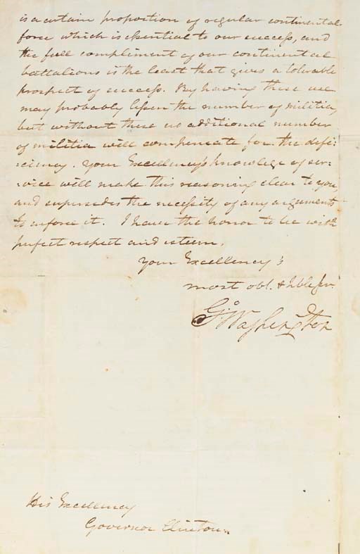 WASHINGTON, George. Letter signed ("G:o Washington" text in hand of James McHenry) to Governor George Clinton (1739-1812), Ramapaugh, [Ramapo, N.Y.], 27 June 1780. 2 page, folio, autograph address panel, slight closed tear at crease.