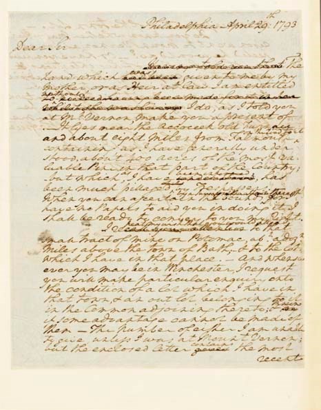 WASHINGTON, George. Autograph draft letter signed ("G:o W---n") as President, to his nephew, Robert Lewis (1769-1929), n.p. [Philadelphia], 29 April 1793.  1½ pages, 4to, several deleted passages in the text, neatly docketed by Washington, minor show-through.