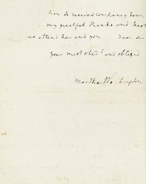 WASHINGTON, Martha Dandridge Custis (1731-1802), First Lady. Autograph letter signed ("Martha Washington") to Mr. [Joseph] Reed, Morristown, [New Jersey], Ju[ne] 1777. 1½ pages, 4to, the ink dark and clear, a small loss to corner torn mended (affecting a few letters in 3 words on page 2), the sheet neatly inlaid, verso preserving a rectangular section of the original address leaf with recipient's docket.