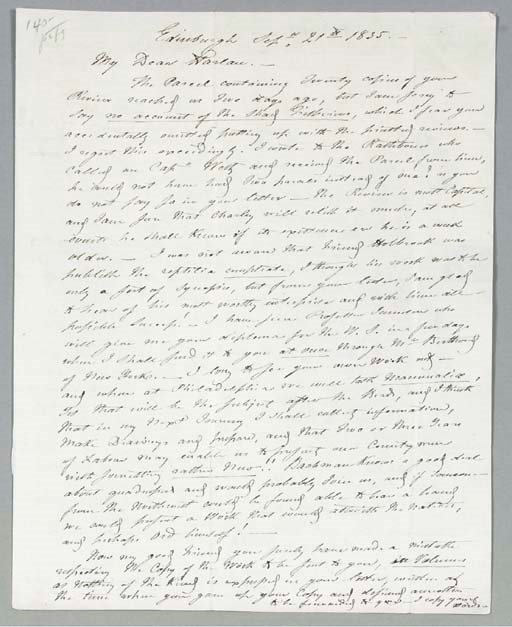 AUDUBON, John James.  Autograph letter signed ("John J. Audubon"), to Richard Harlan, Edinburgh, 21 September 1835.  3 pages, 4to, with address panel and seal, slight tear affecting approximately four words.