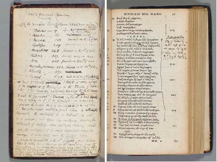 [BROWNING, Elizabeth Barrett (1806-1861)]. -- EURIPIDES. Tragoediarum -- PORTUS, Aemilius. Breves notae in omnes Euripides Tragoedias. [Heidelberg: Hieronymus Commelinus, 1599].