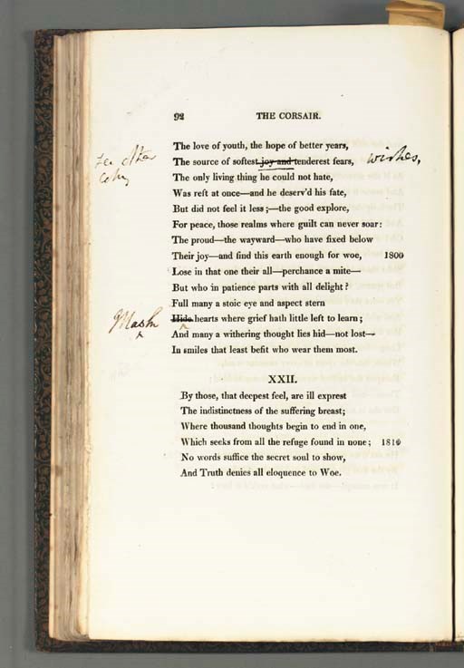 BYRON, George Gordon Noel, Lord  (1788-1824). Autograph letter signed ("Byrn") to John Murray, his publisher, n.d. [docketed July 1814]. 1 page, 8vo, integral blank, neatly tipped into The Corsair (see below).