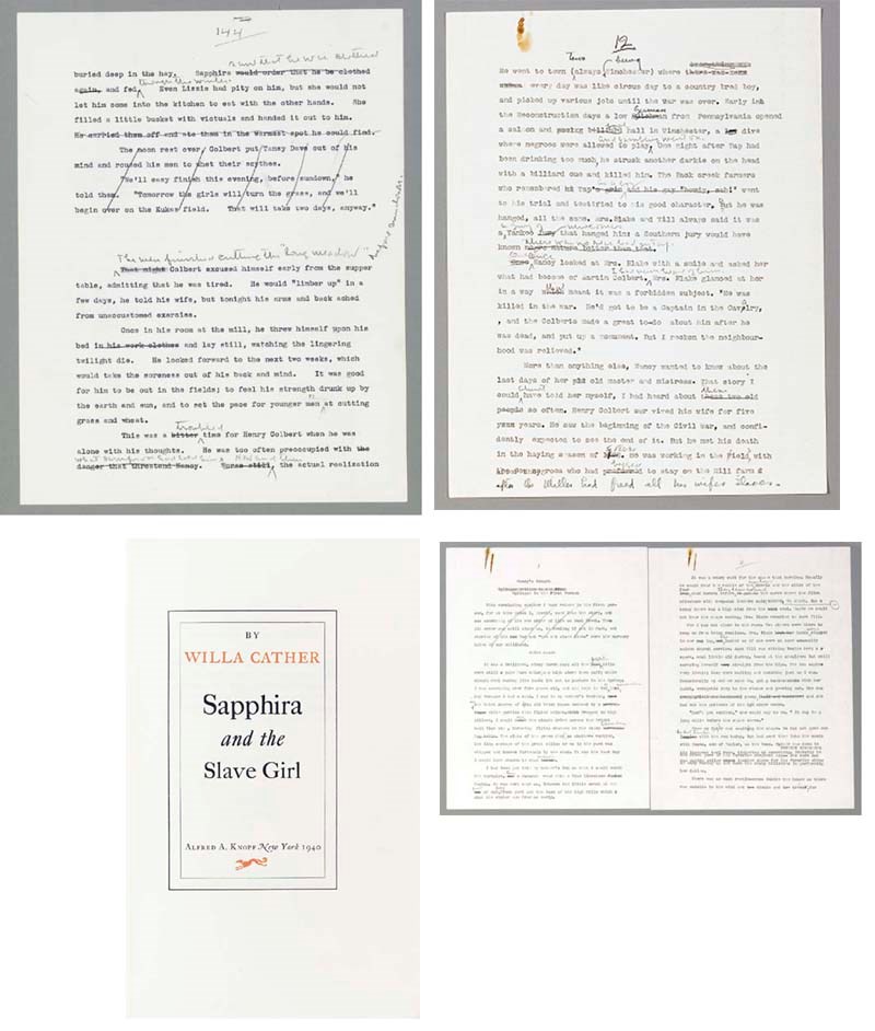 CATHER, Willa S. (1873-1947). Typescript draft of her last novel Sapphira and  the Slave Girl, WITH MANY PENCILLED ADDITIONS, REVISIONS AND CORRECTIONS BY THE AUTHOR on some 150 pages, including a total of about 850 words added in manuscript, plus occasional deletions of words, phrases and whole blocks of text and numerous changes in punctuation, spelling or capitalization. N.p., n.d. [New York, published 1940].