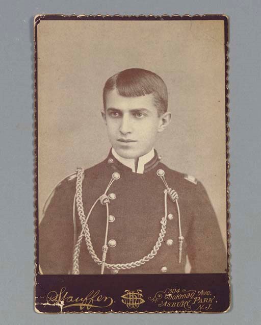 CRANE, Stephen (1871-1900). Cabinet card photograph, signed and inscribed on verso ("To Odell with kindest regards Stephen Crane"), Syracuse, New York, 12 January 1897. 1p., 6½ x 4 1/8, scalloped and gilt edges, photographer's advertisement on verso (W. H. Stauffer, Asbury Park, N.J.), lower left corner slightly bent, otherwise very good. EXTREMELY RARE.