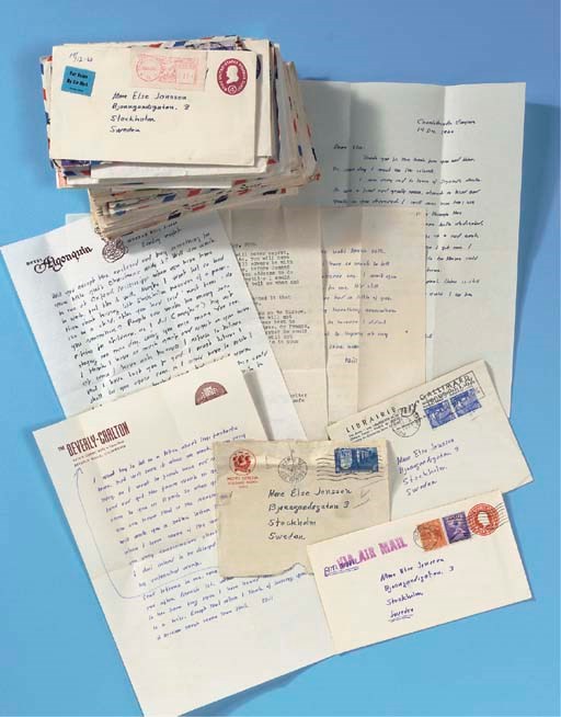 FAULKNER, William (1897-1962). A group of 62 letters comprising HIS COMPLETE CORRESPONDENCE WITH ELSE JONSSON, containing: 10 Autograph Letters signed ("Bill"), 5 Autograph Letters, 15 Typed Letters signed (one "William Faulkner, most "Bill") and 32 Typed Letters (several with 1- to 4-line autograph postscripts); all to Else Jonsson in Stockholm, Sweden; various places (Paris, Rome, New York; Oxford, Mississippi; Beverly Hills, Cal.; Charlottesville, Va.), various dates from 15 December 1950 to 14 December 1960.