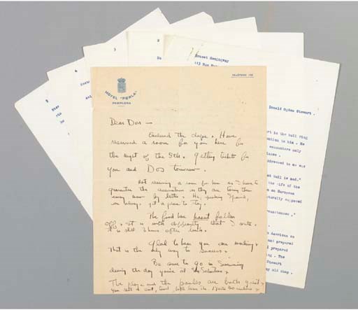 HEMINGWAY, Ernest (1899-1961). Autograph letter signed, facetiously, "Horace Fishbein (Hemingway)" to Donald Ogden Stewart, Pamplona, n.d. 2 pages, 4to. [With:] TYPED UNPUBLISHED MANUSCRIPT, n.d. 5pp., 4to, carbon, holograph notation "the end" in Hemingway's hand on p.5.