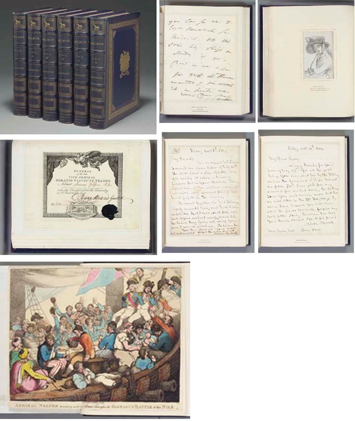 [NELSON. Horatio Nelson, Viscount (1758-1805)]. LAUGHTON, John Knox. The Nelson Memorial. Nelson and his Companions in Arms. London: George Allen, 1896. 6 vols, large 4o, each vol. with carefully prepared manuscript indices in red and blue inks, the extra-illustrations neatly inlaid to size, dark blue straight-grained morocco, lavishly gilt, covers with the Platt crest in gilt, watered silk enleaves and pastedowns, turn-ins gilt, t.e.g., protective boxes, by Zaehnsdorf, 1901. Provenance: John Platt, bookplates and crests on bindings.