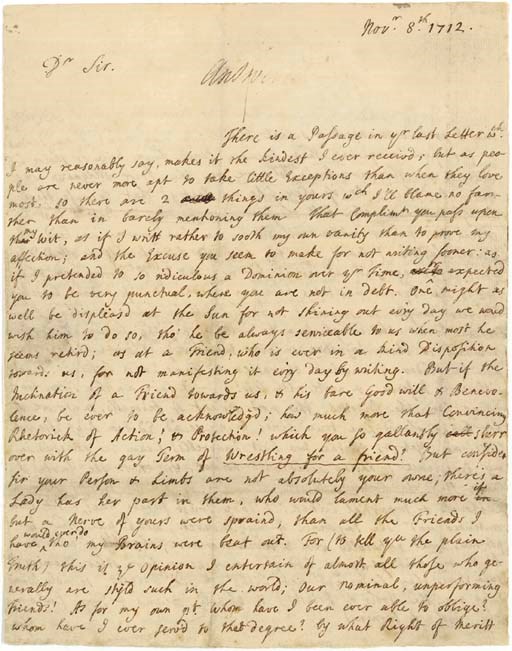 POPE, Alexander (1688-1744). Autograph letter signed ("A: Pope") to John Caryll, Jr., n.p., 8 November 1712. 3 pages, 4to, address panel in Pope's hand on p.4, central fold neatly strengthed, noted "Answered" at top of p.1, minor soiling and spotting. With two letters from John Murray relating to this letter and to Pope.