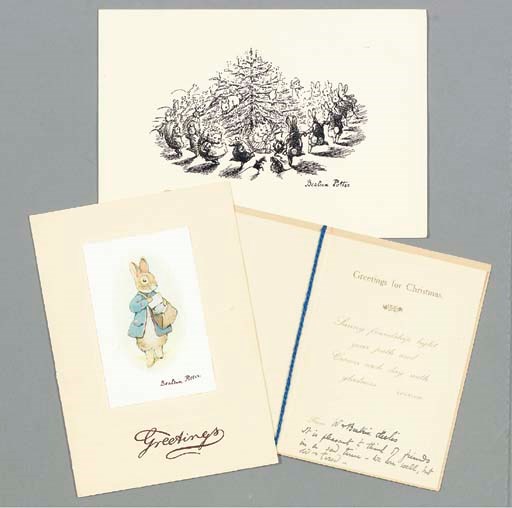 POTTER, Beatrix.  Group of three printed illustrated Christmas cards, EACH INSCRIBED BY POTTER to Horn Book Magazine founder Bertha Mahony Miller.  Together 3 cards, various 12mo and 8vo sizes, as detailed below.