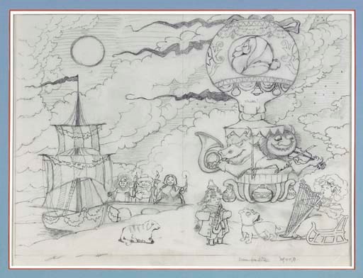SENDAK, Maurice. Original pencil drawing on tracing paper for the cover of the 1981 Neiman Marcus Christmas catalogue, signed lower right "Maurice Sendak. July 10-11 '81." Image 13¾ x 18¼ in.; 345 x 460 mm. Framed.