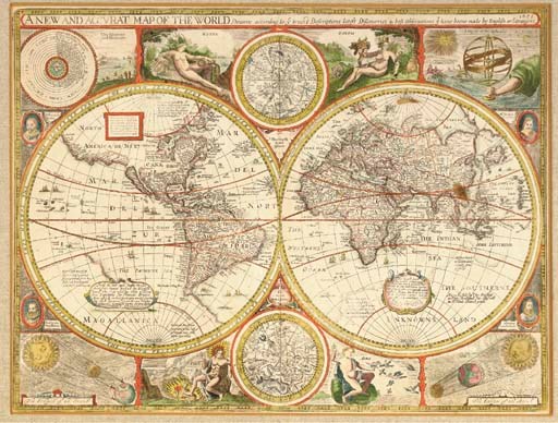 [MAP]. SPEED, John (1552-1629). "A New and Accurat Map of the World." [London:] Theodor Bassett, dated 1651 [1676]. Engraved map, single sheet (429 x 525 mm). (Very minor chipping to edges, light darkening.) Matted and framed. Twin-hemisphere map of the world, state 4, decorative borders incorporating polar celestial hemispheres, medallion portraits of the first four circumnavigators (Magellan, Drake, Cavendish and Van Noort), allegorical figures of the four elements, and diagrams of solar and lunar eclipses.