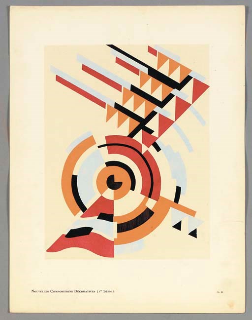 GLADKY, Serge. Nouvelles compositions decoratives. Paris, [c.1925]. First Series -- Nouvelles compositions decoratives. Paris, [c.1925]. Second Series. -- [With:] VERNET, Carle and VERNEUIL, Maurice Pillard. Kalidoscope: Ornements abstraits. Paris, [c.1920]. Together 3 volumes, 2o. Numerous colored pochoir plates. Contents loose as issued in contemporary board portfolios. 	 (5)