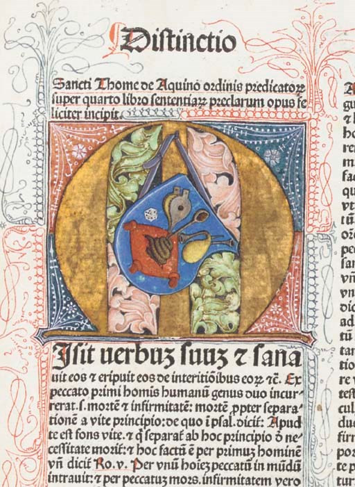 THOMAS AQUINAS (ca 1225-1274, Saint). Super quarto libro sententiarum. Venice: [Johannes Herbort, de Seligenstadt] for Johannes de Colonia, Jenson et Socii, 24th June 1481.
