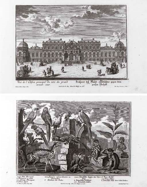 KLEINER, Salomon (1703-1761).  Residences Memorables de l'incomparable Heros de nôtre siecle ou Representation exacte des Edifices et Jardins de Son Altesse Serenissime Monseigneur le Prince Eugene Francois Duc de Savoye et de Piemont ... Première [-Dixieme] Partie. Augsburg: heirs of Jeremie Wolff, 1731-1740. 10 parts, engraved throughout, 10 section titles in French and German, dedication leaf, emblematic dedication plate, 90 engraved plates (10 folding), all after Kleiner (repaired tears to three of the folding plates, first title creased and with small marginal repair, some light spotting and old light staining). [Bound with:] Salomon KLEINER. Representation des Animaux de la Menagerie de S.A.S. Francois de Savoye et de Piemont ... une partie du Palais de Sa.dt.A.S. situé dans le faubourg de Vienne. Augsburg: heirs of Jeremie Wolff, 1734. Engraved throughout, title and 12 plates after Kleiner (plate numbered 9 torn and repaired.) Two works in one volume, oblong 2° (325 x 520mm), contemporary half marbled sheep, spine in four compartments with raised bands, the bands with a gilt roll tool above and below, repeat decoration to each compartment of a large centrally-placed fleur-de-lys tool (slight scuffing to extremities). Provenance: Maria Ludovica Borromeo Arese and her husband Massimiliano Favia del Core (armorial bookplate).

FIRST EDITIONS of this magnificent record of the palaces and residences of Prince Eugene of Savoy in and near Vienna with a charming supplementary work describing his menagerie. The superb plates delineate the work of the architect J.L. von Hildbrand, the interiors of Claude le Fort du Plessy and others, and the gardens and fountains of Dominique Girard. Throughout the scenes are enlivened by numerous elegantly dressed figures, promenading or in conversation. The scarce supplementary suite shows the exotic animals of Prince Eugene's menagerie, established at the Belvedere in 1716 on the model of that at Versailles. Berlin Kat. 2117 (both works); cf. Lipperheide Dc20 (?both works, but, in error, lists second work as part 'XI' of the first work); Nissen ZBI 2212 (second work only).