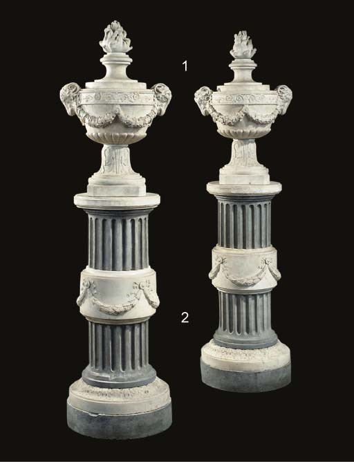 A PAIR OF FRENCH CARVED WHITE AND GREY MARBLE COLUMNS