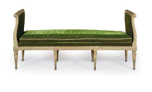 A LATE LOUIS XV LIGHT GREEN-PAINTED BANQUETTE D'ENTRE-FENETRE