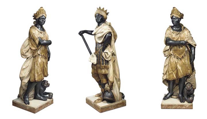 A PAIR OF PARCEL-GILT POLYCHROME MARBLE, ALABASTER, GESSO, PASTE AND LEAD STANDING MALE AND FEMALE ROYAL BLACKAMOORS