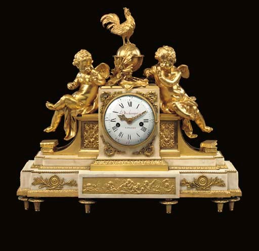 A LOUIS XVI ORMOLU AND WHITE MARBLE MANTEL CLOCK