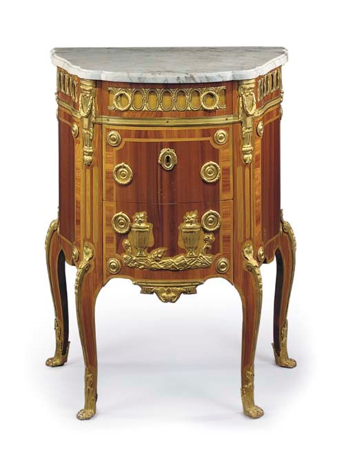A LATE LOUIS XV ORMOLU-MOUNTED BOIS SATINE, TULIPWOOD AND SYCAMORE SMALL BOMBÉ COMMODE