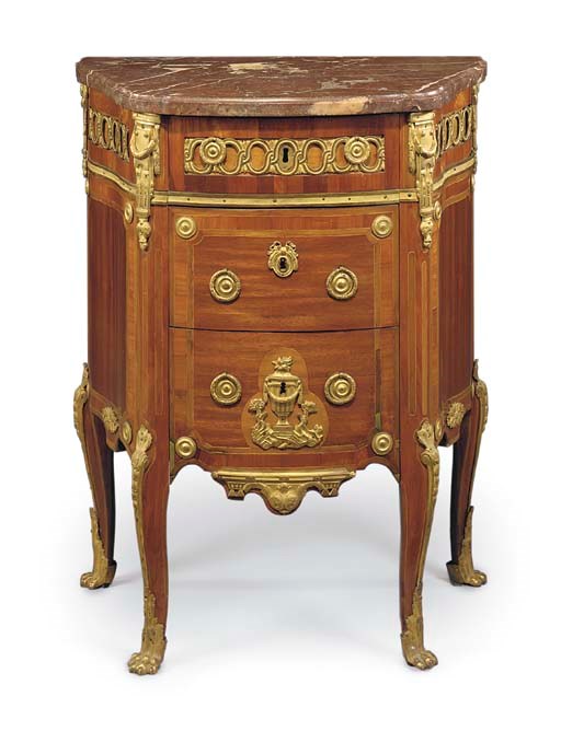A LATE LOUIS XV ORMOLU-MOUNTED BOIS SATINE, TULIPWOOD AND SYCAMORE SMALL BOMBÉ COMMODE