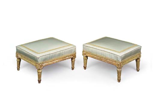 A PAIR OF LOUIS XVI GREY-PAINTED TABOURETS
