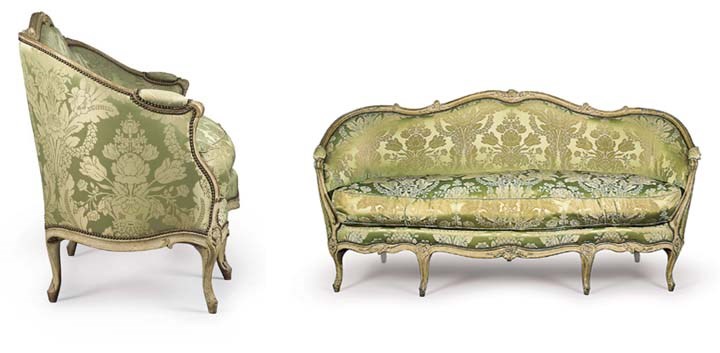 A LOUIS XV CARVED AND GREY-PAINTED CANAPE