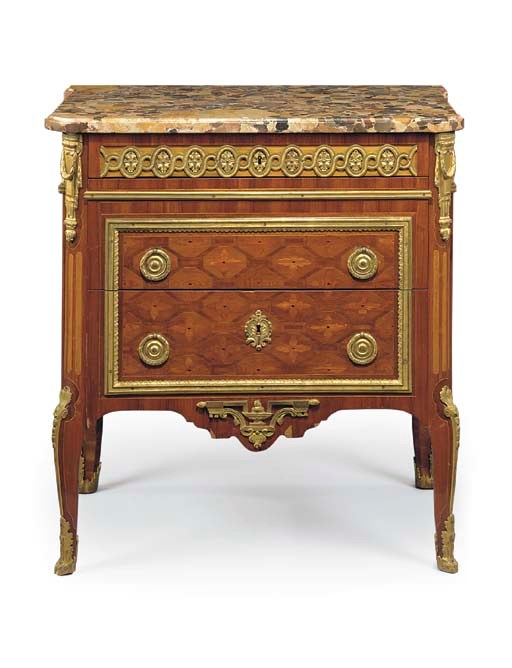 A LOUIS XVI ORMOLU-MOUNTED KINGWOOD, TULIPWOOD, AMARANTH AND PARQUETRY COMMODE